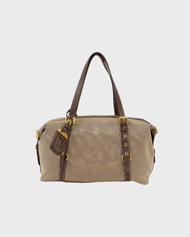 PRADA ロゴジャガードキャンバスミニボストンバッグ　ブラウン PRADA ロゴジャガードミニボストンバッグ | Hedy