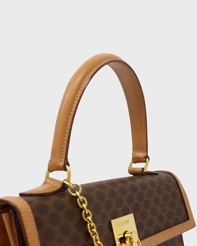 博多献上柄帯 リメイク　マロンブラウン×ゴールド バネハンドルバッグ CELINE マカダム柄ガンチーニ金具ハンドバッグ | Hedy