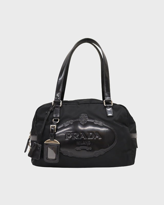 PRADA ロゴ刻印レザーナイロンハンドバッグ | Hedy