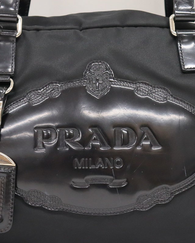PRADA ロゴ刻印レザーナイロンハンドバッグ | Hedy