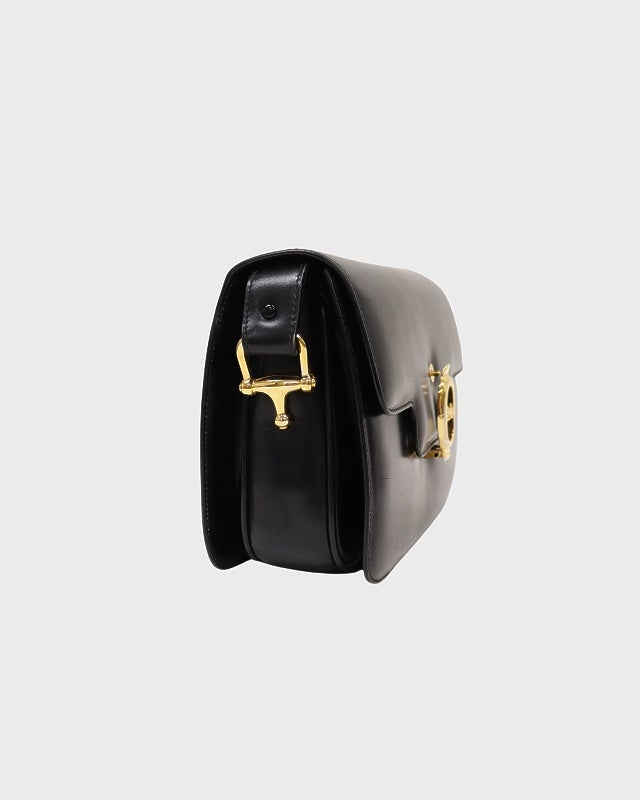 K池055/ CELINE レザー 馬車金具 ショルダーバッグ ブラック 中古・古着通販】CELINE (セリーヌ) 馬車金具ショルダーバッグ
