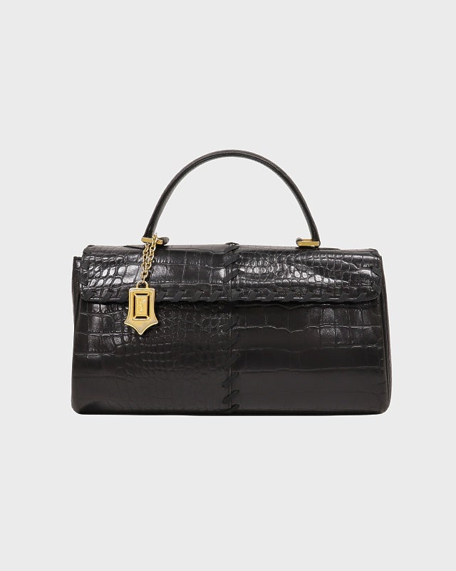 イヴサンローラン　クロコ型押し　ハンドバッグ　カサンドラロゴチャーム YSL ロゴチャーム付きクロコ型押しハンドバッグ | Hedy