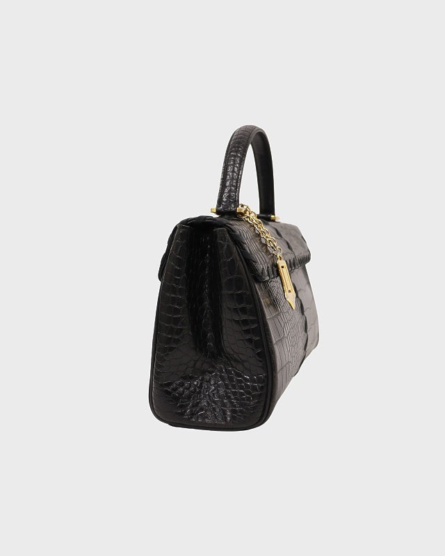 YSL ロゴチャーム付きクロコ型押しハンドバッグ | Hedy