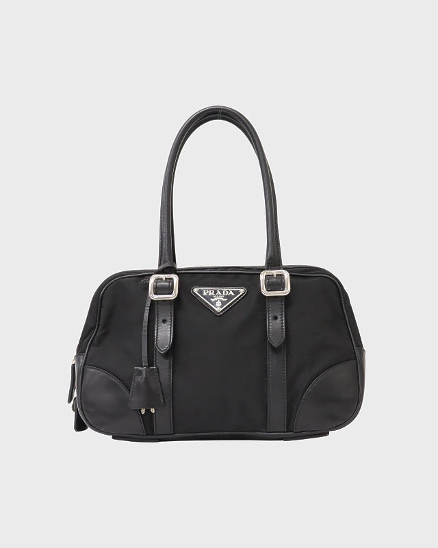PRADA 三角ロゴプレート キャンバス レザー ミニボストン ハンドバッグ PRADA 三角ロゴ金具ミニボストンバッグ | Hedy