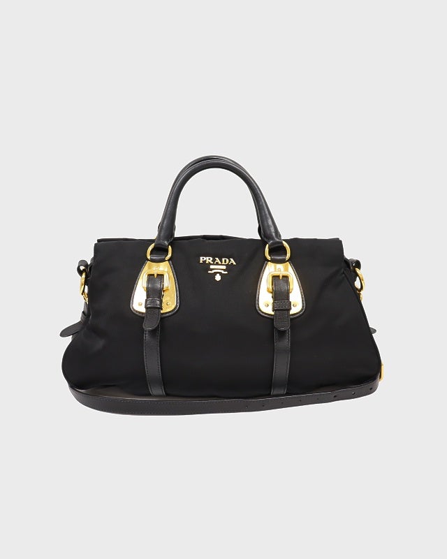 ✨ギャランティ付✨プラダ ハンドバッグ 2way ロゴ金具 ナイロン レザー 黒 PRADA ロゴ金具ナイロンレザー2Wayバッグ | Hedy
